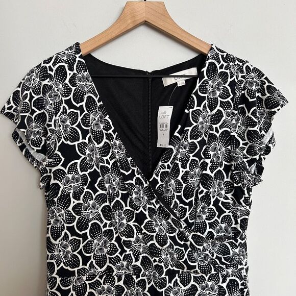 Loft Black and White Flutter Floral Wrap Dress - Picture 3 of 9